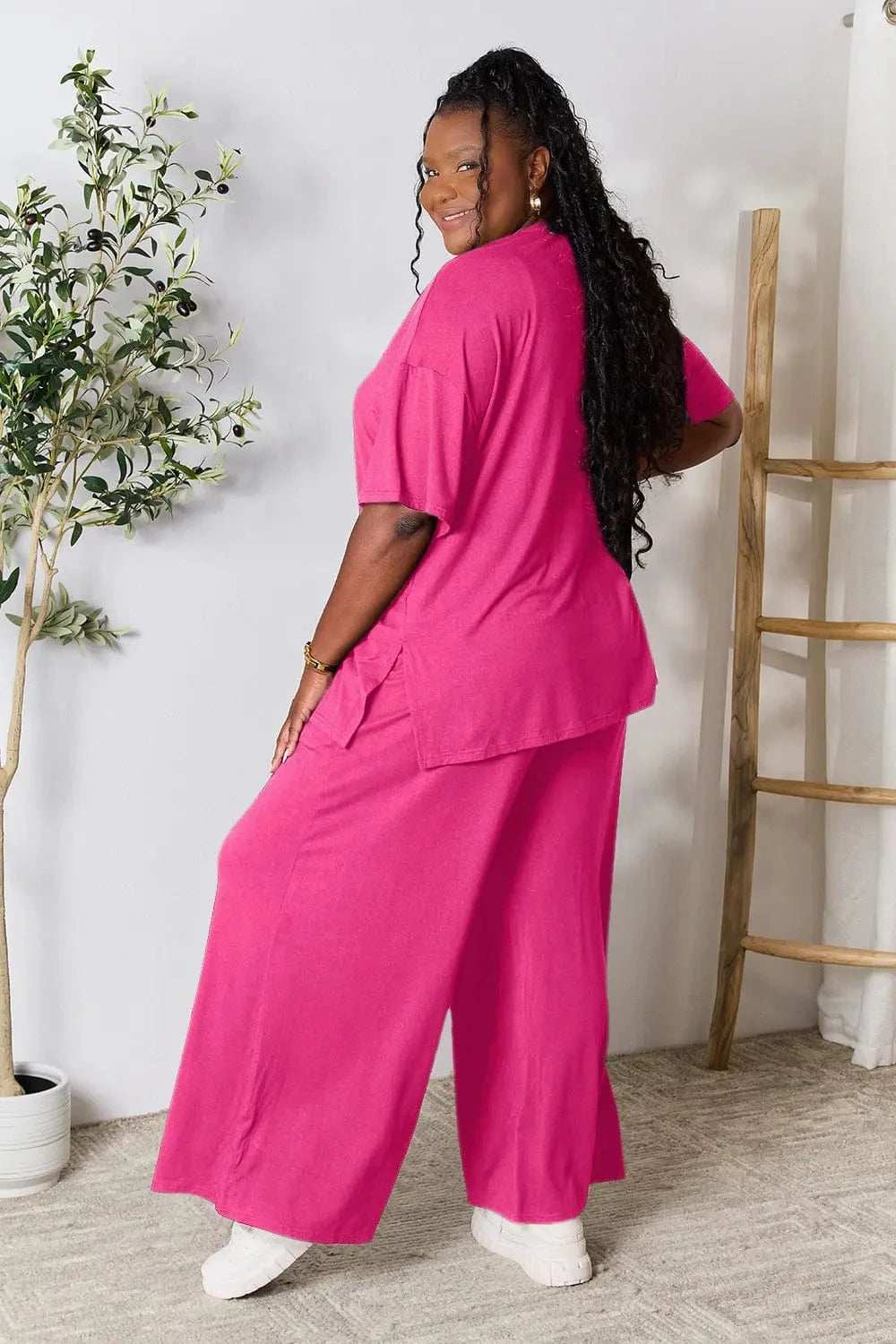 Double Take Full Size Round Neck Slit Top and Pants Set - Trendsi - Flyclothing LLC