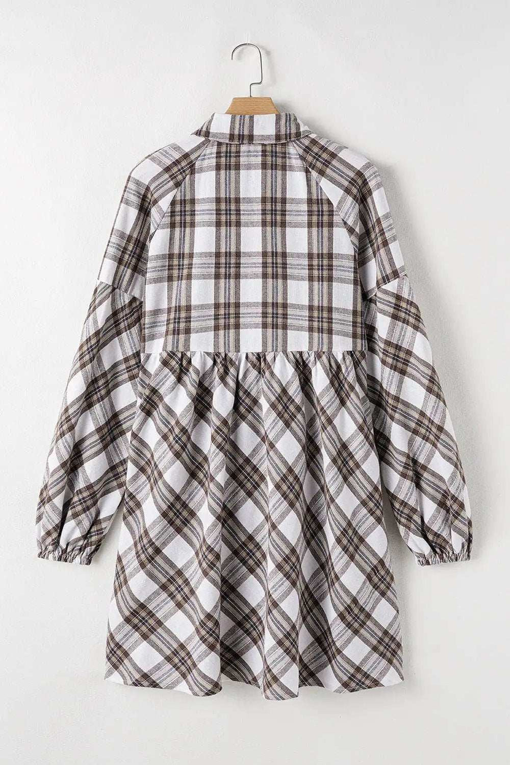 Full Size Plaid Collared Neck Balloon Sleeve Mini Shirt Dress - Trendsi - Flyclothing LLC