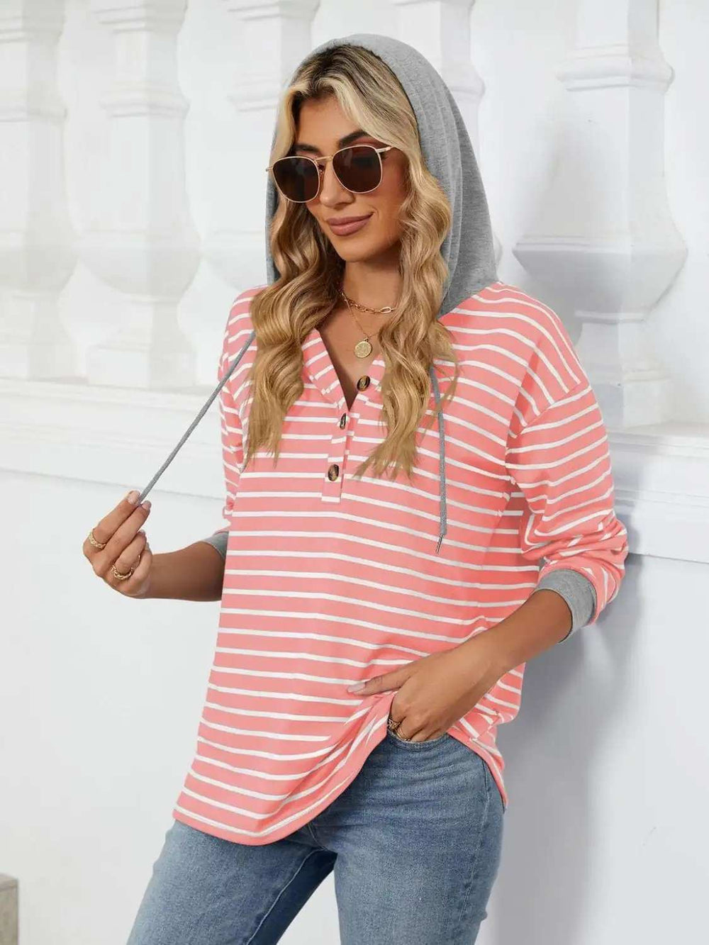 Drawstring Striped Long Sleeve Hoodie - Trendsi - Flyclothing LLC