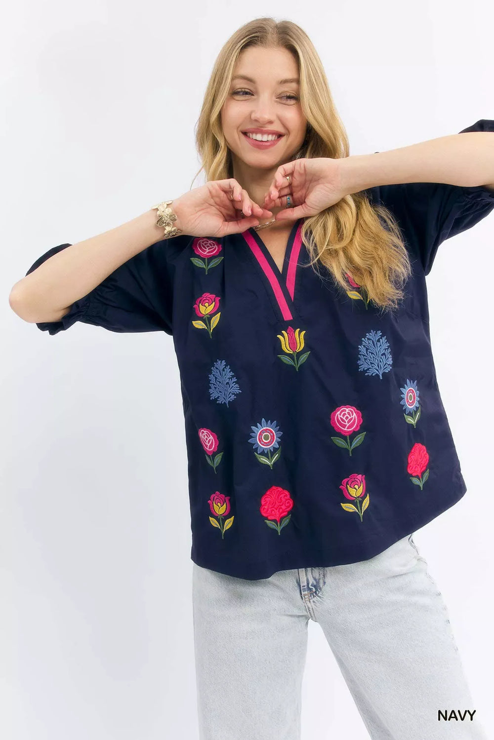 Umgee Embroidered Floral Top with Contrast Trim - Trendsi - Flyclothing LLC