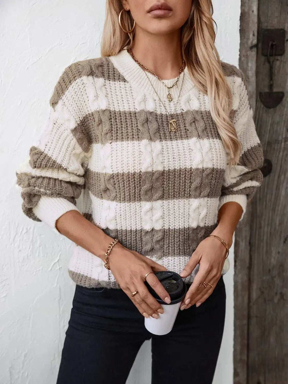 Striped Round Neck Long Sleeve Sweater - Trendsi - Flyclothing LLC