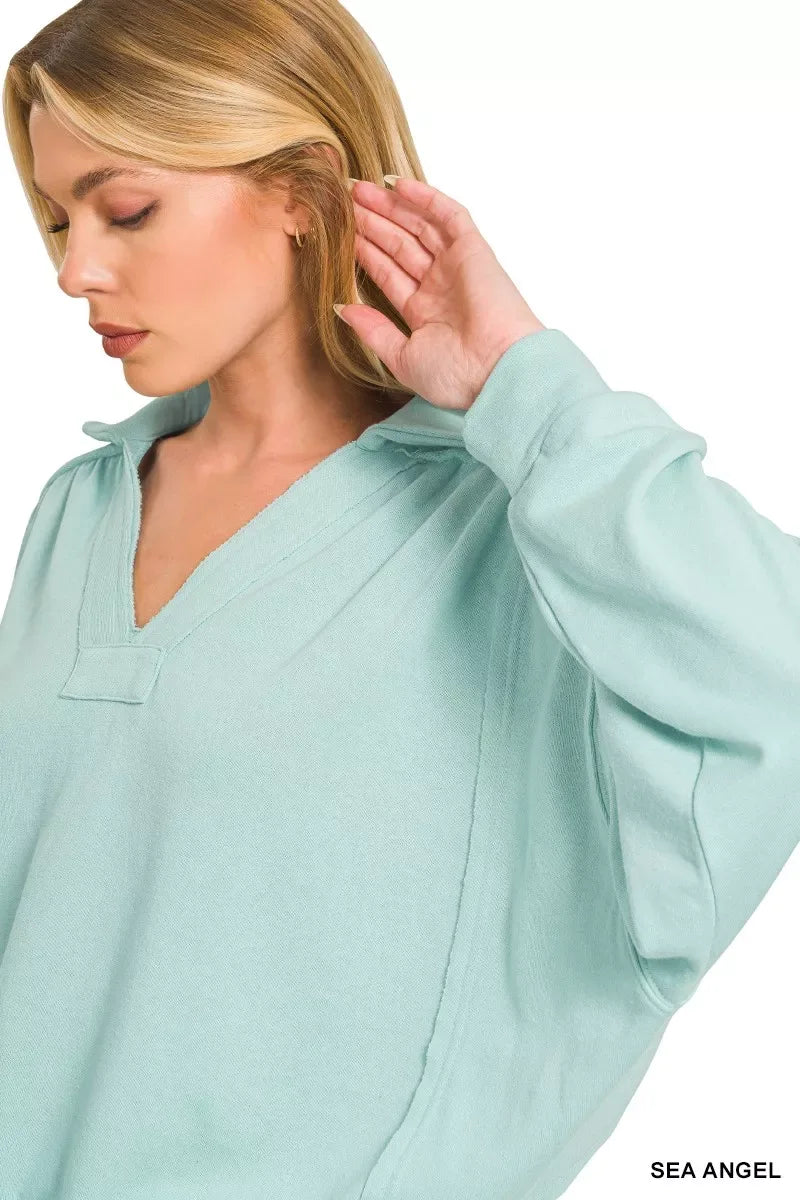 Zenana French Terry Collared Exposed Seam Sweatshirt - Trendsi - Flyclothing LLC