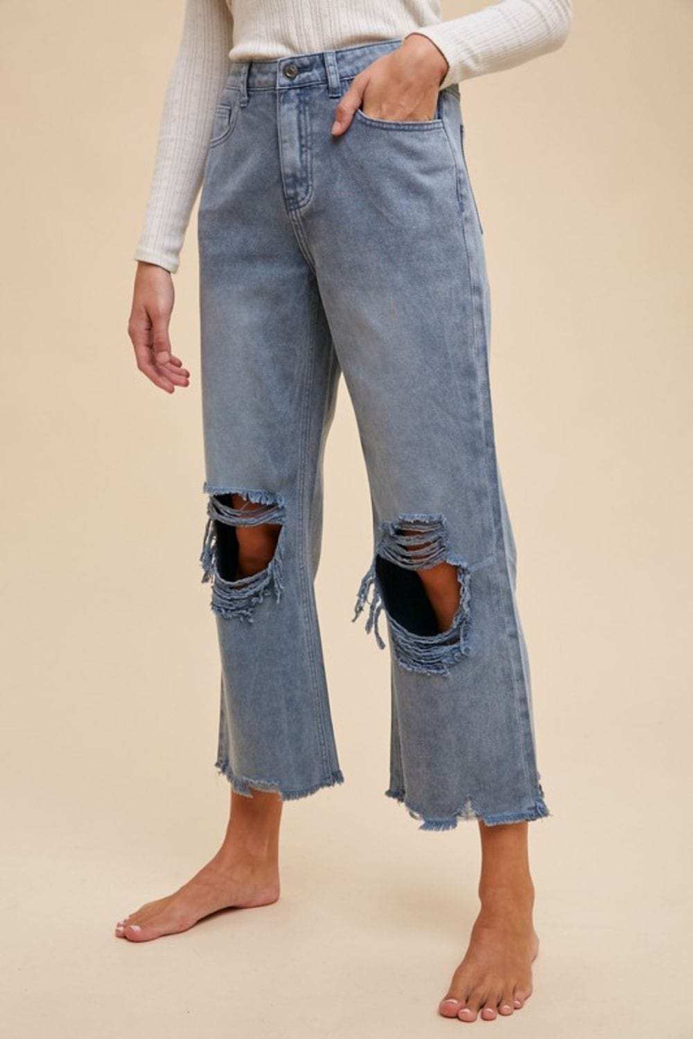 Annie Wear Distressed Raw Hem Jeans - Trendsi - Flyclothing LLC