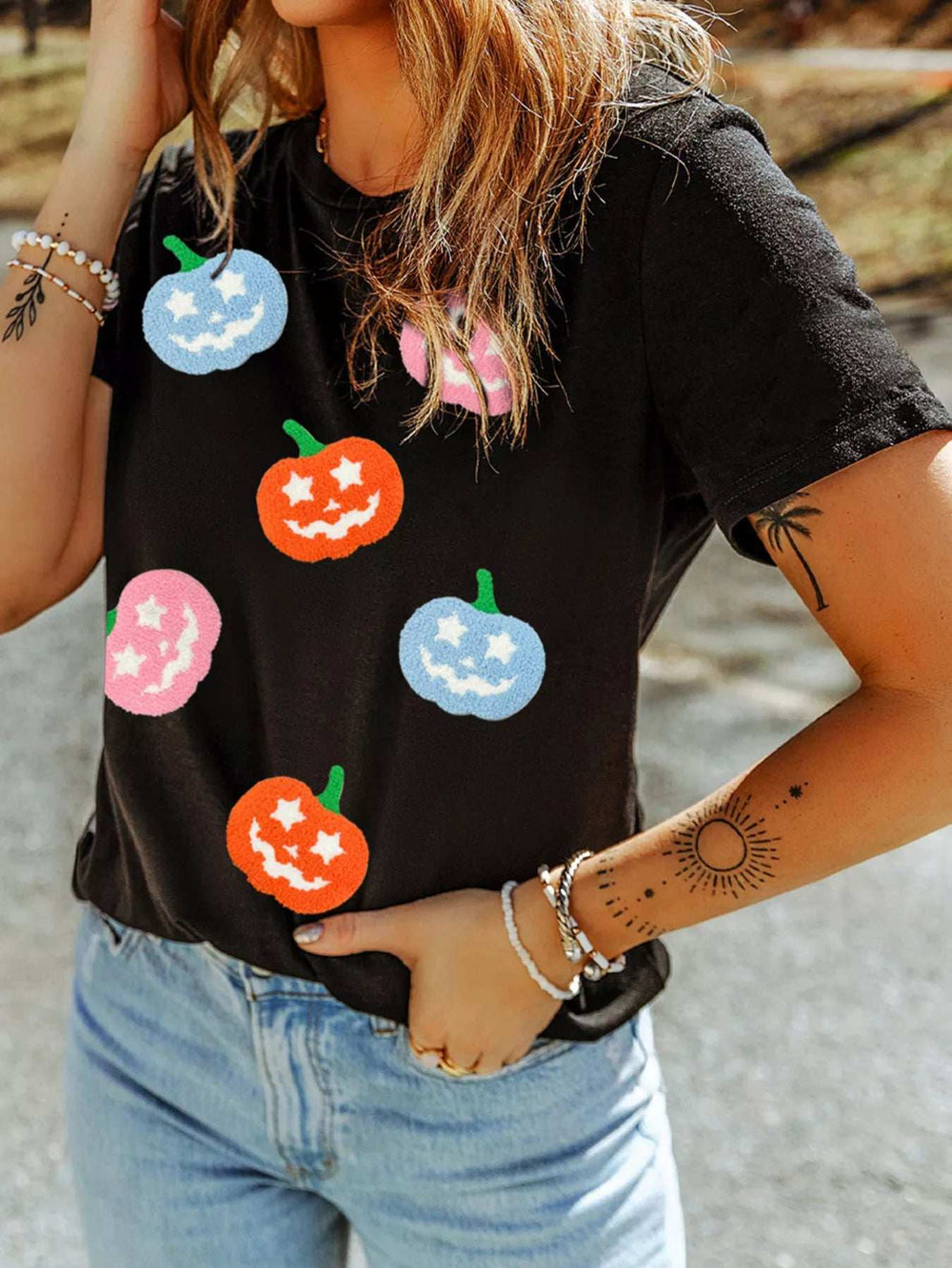 Chenille Pumpkin Patched Playful Halloween T Shirt - Trendsi - Flyclothing LLC