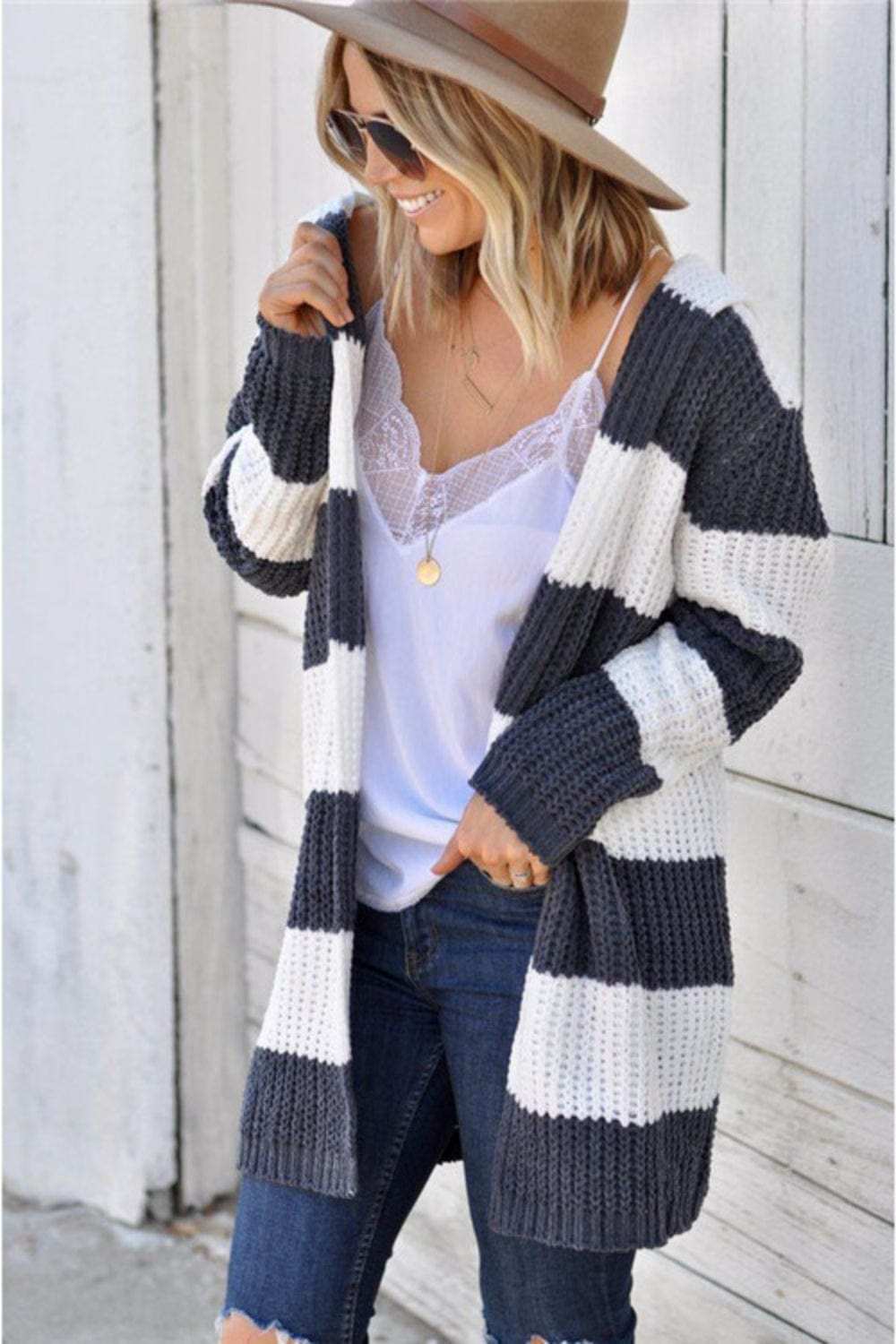 Contrast Stripes Open Front Long Sleeve Cardigan - Trendsi - Flyclothing LLC