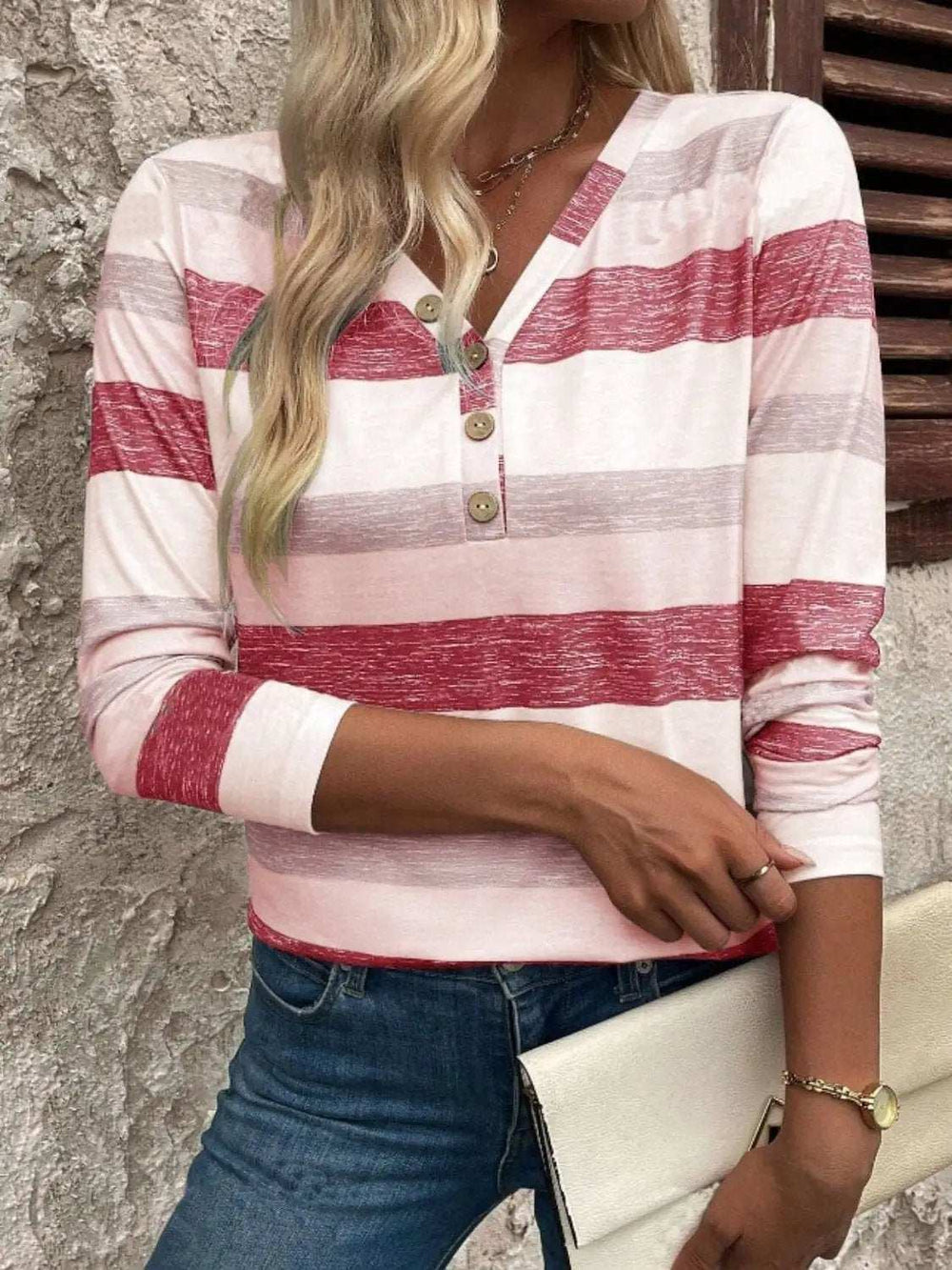 Contrast Striped V-Neck Long Sleeve T-Shirt - Trendsi - Flyclothing LLC