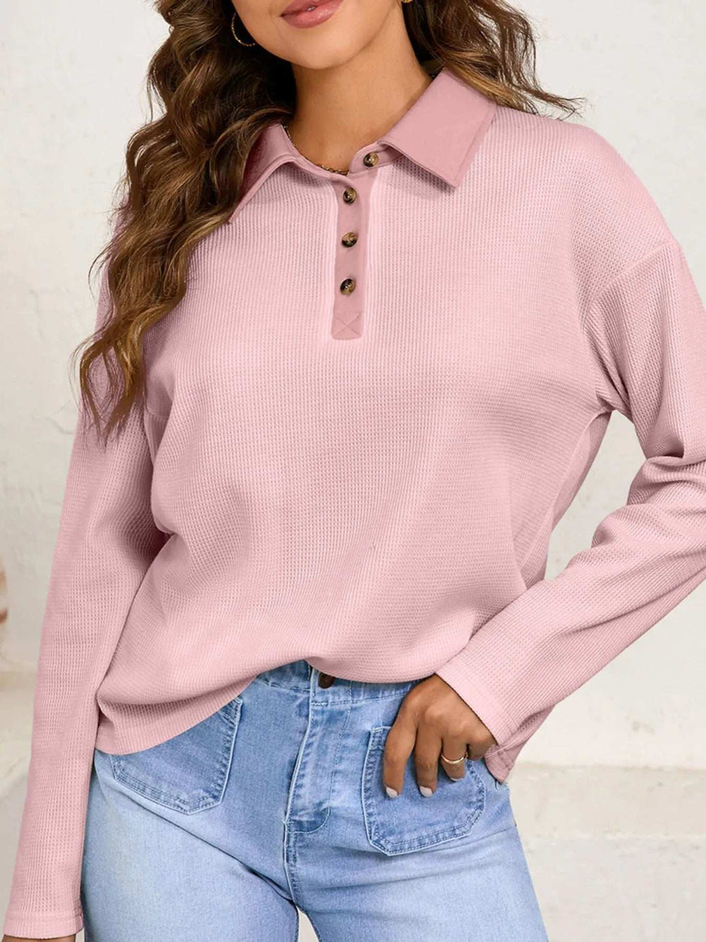 Long Sleeve Thermal Knit Polo Top - Trendsi - Flyclothing LLC