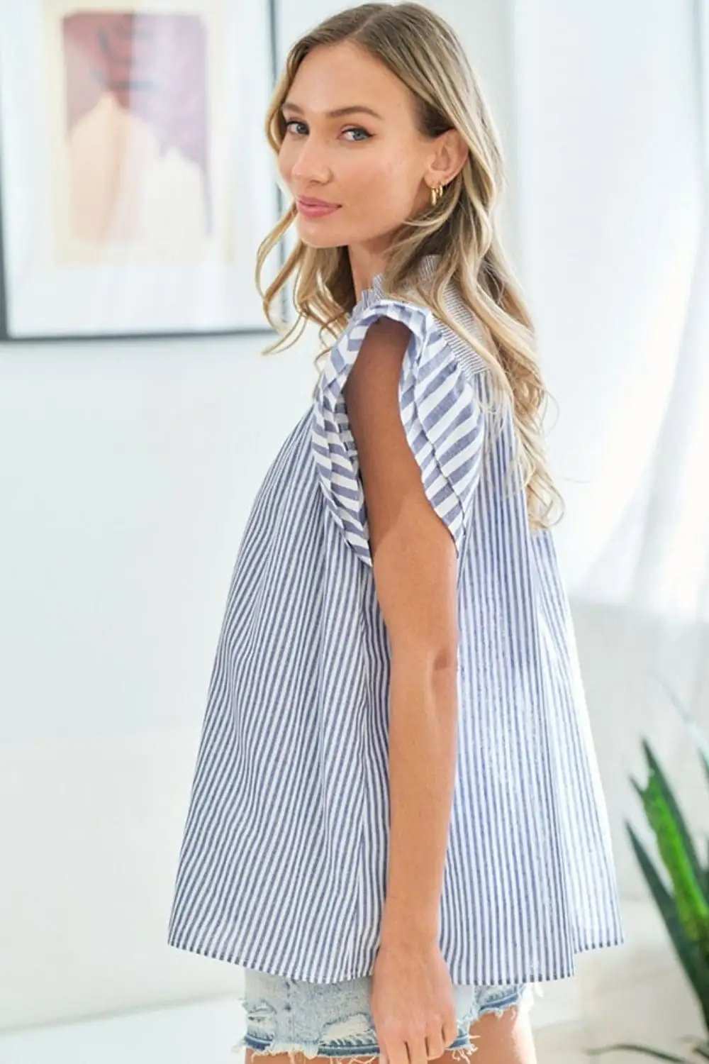First Love Full Size Striped Flutter Sleeve Blouse - Trendsi - Flyclothing LLC