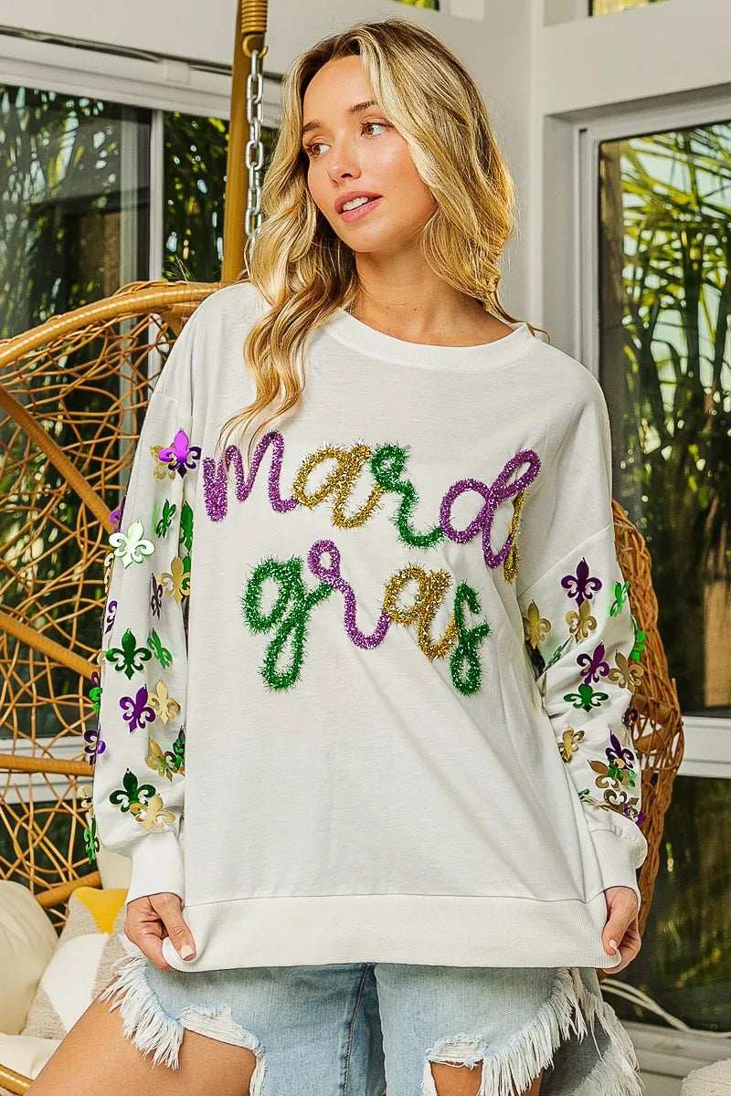 BiBi Fleur De Lis Sleeve Mardi Gras Pullover - Trendsi - Flyclothing LLC