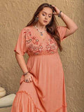 Plus Size Frill Embroidered V-Neck Half Sleeve Maxi Dress - Trendsi - Flyclothing LLC