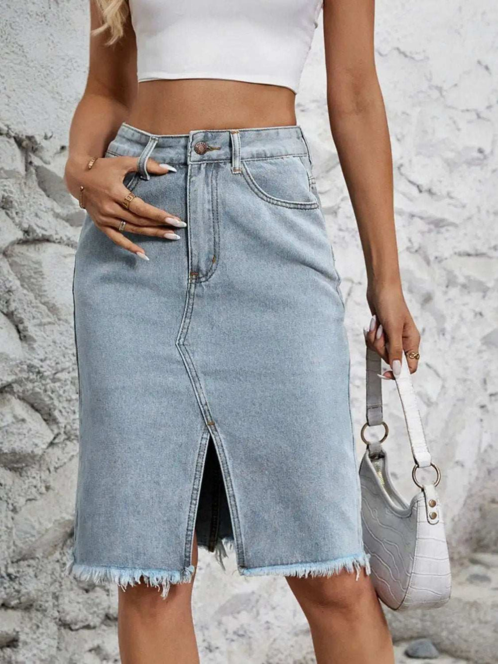 Raw Hem Slit Denim Skirt - Trendsi - Flyclothing LLC
