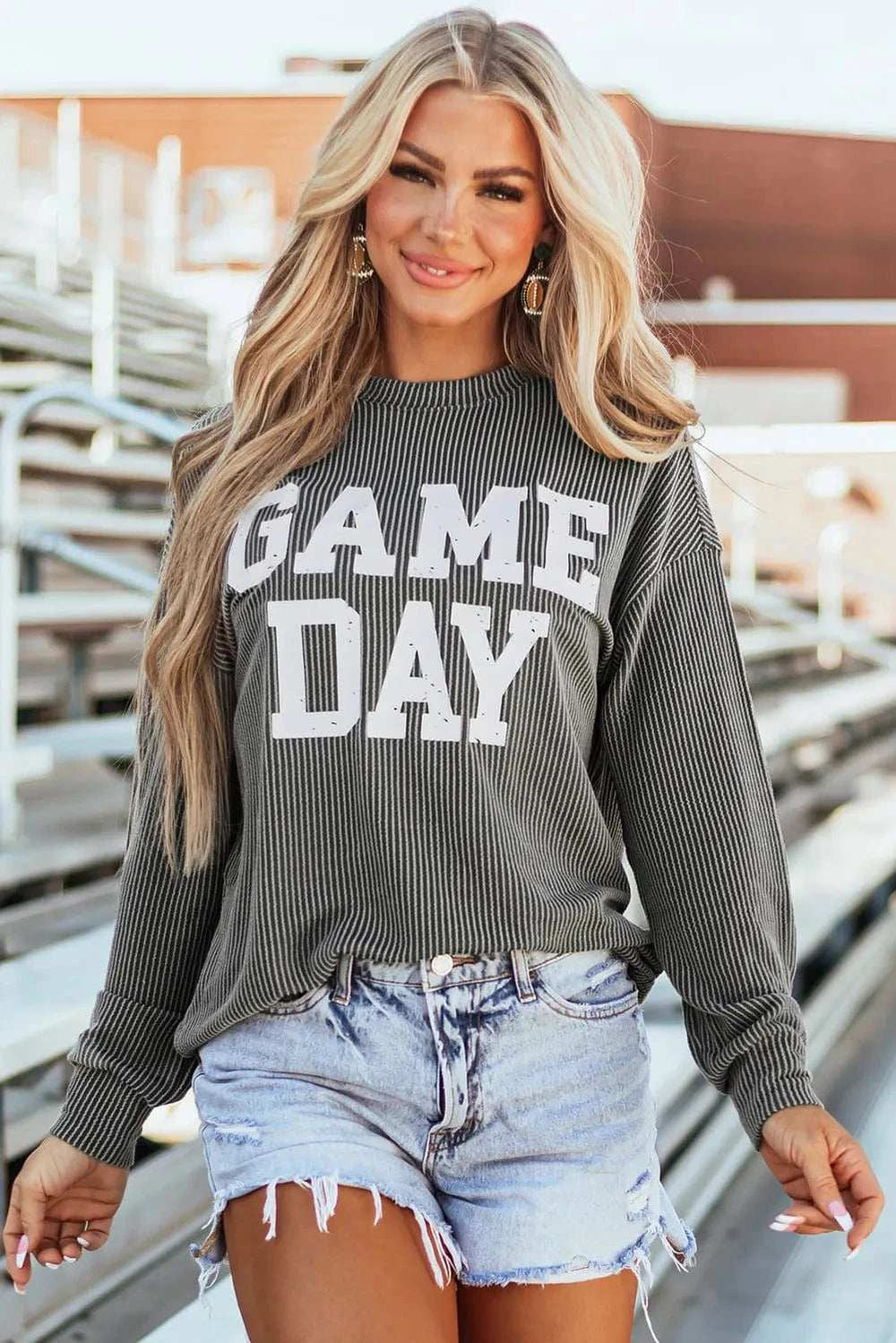 GAME DAY Striped Round Neck Long Sleeve Top - Trendsi - Flyclothing LLC
