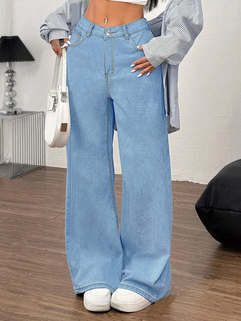 Embroidered Bow Back Wide Leg Jeans - Trendsi - Flyclothing LLC