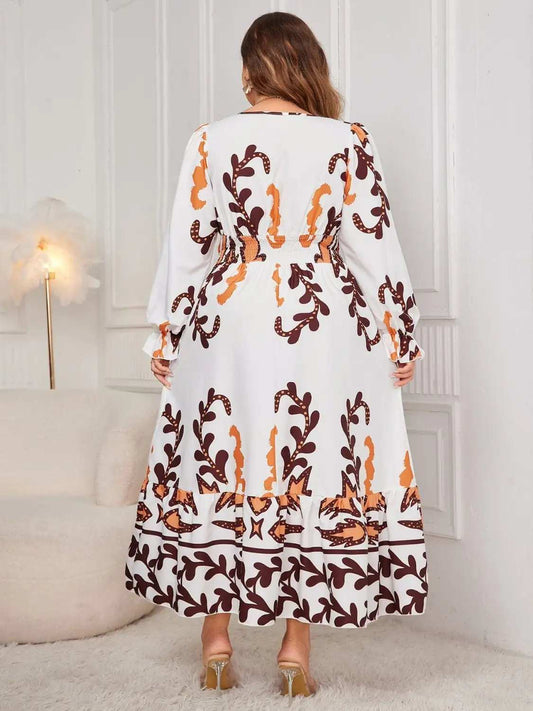 Plus Size Printed Surplice Flounce Sleeve Dress - Trendsi - Flyclothing LLC