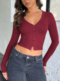 Buttoned V-Neck Long Sleeve T-Shirt - Trendsi - Flyclothing LLC