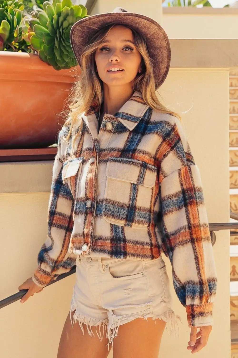 BiBi Brushed Plaid Crop Jacket with Pockets - Trendsi - Flyclothing LLC