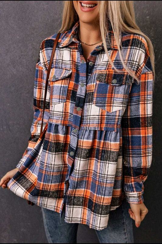 Plaid Collared Neck Long Sleeve Shirt - Trendsi - Flyclothing LLC