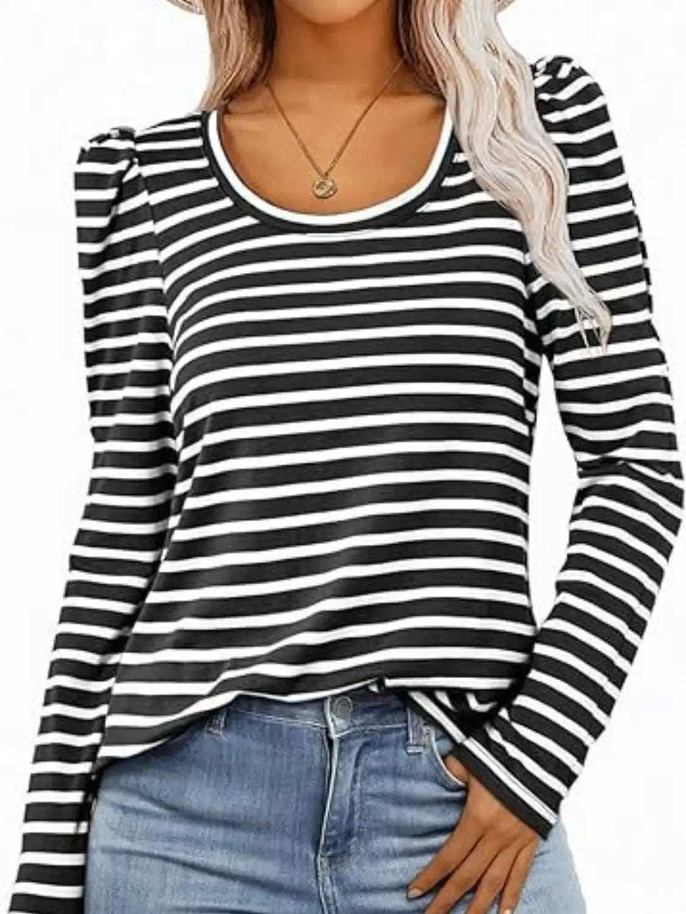 Striped Round Neck Long Sleeve T-Shirt - Trendsi - Flyclothing LLC