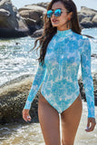 Printed Mock Neck Long Sleeve One-Piece Swimwear - Trendsi - Flyclothing LLC