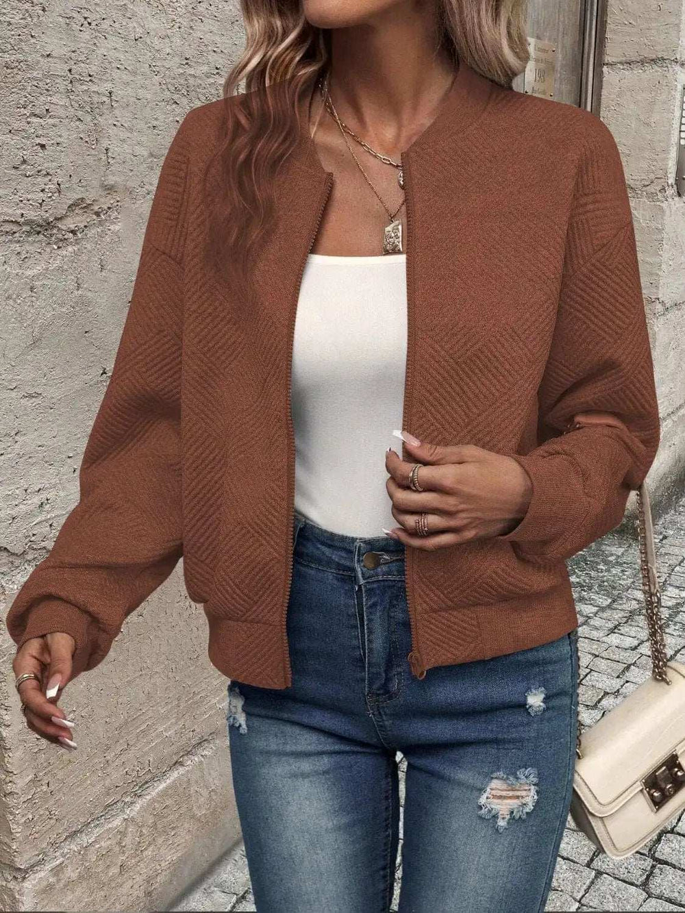 Textured Zip Up Long Sleeve Jacket - Trendsi - Flyclothing LLC