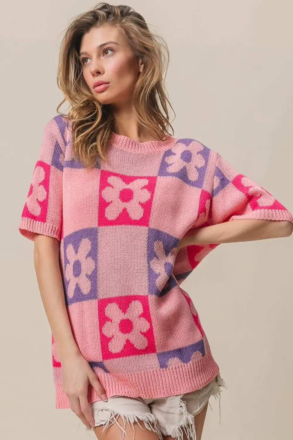 BiBi Flower Checker Pattern Short Sleeve Sweater - Trendsi - Flyclothing LLC