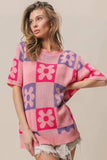 BiBi Flower Checker Pattern Short Sleeve Sweater - Trendsi - Flyclothing LLC