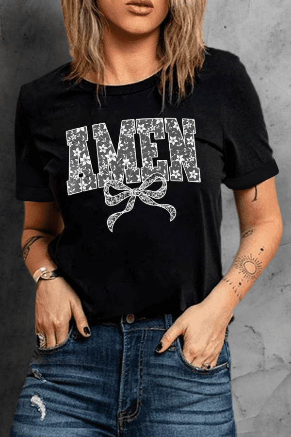 AMEN Bow Round Neck Short Sleeve T Shirt - Trendsi - Flyclothing LLC