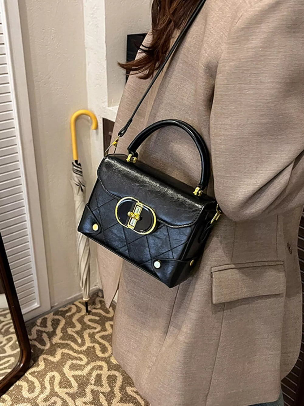 Quilted Pattern Top Handle Crossbody Bag - Trendsi - Flyclothing LLC