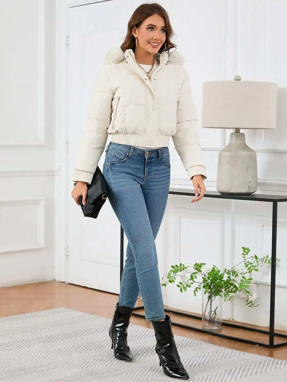 Pocketed Long Sleeve Cropped Hooded Winter Coat - Trendsi - Flyclothing LLC