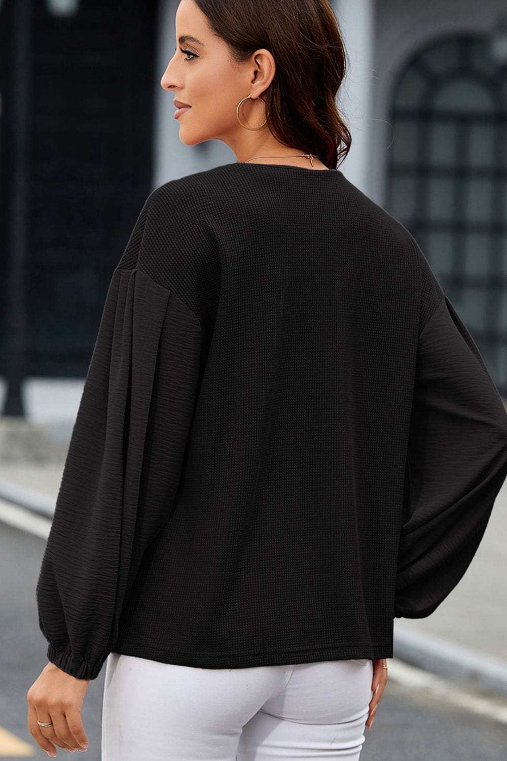 Waffle-Knit V-Neck Long Sleeve Blouse - Trendsi - Flyclothing LLC