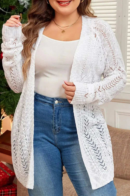 Plus Size Openwork Open Front Long Sleeve Cardigan - Trendsi - Flyclothing LLC