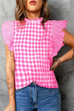 Ruffled Plaid Mock Neck Cap Sleeve Blouse - Trendsi - Flyclothing LLC