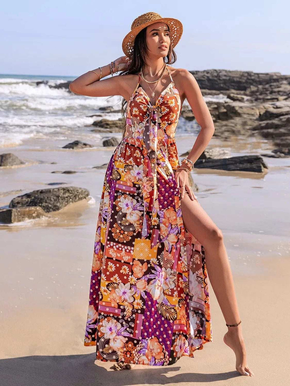 Slit Printed Halter Neck Cami Dress - Trendsi - Flyclothing LLC