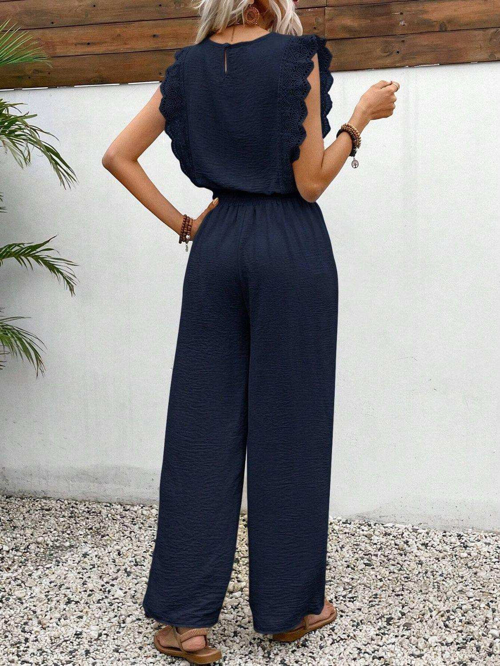 Lace Trim Round Neck Top and Pants Set - Trendsi - Flyclothing LLC