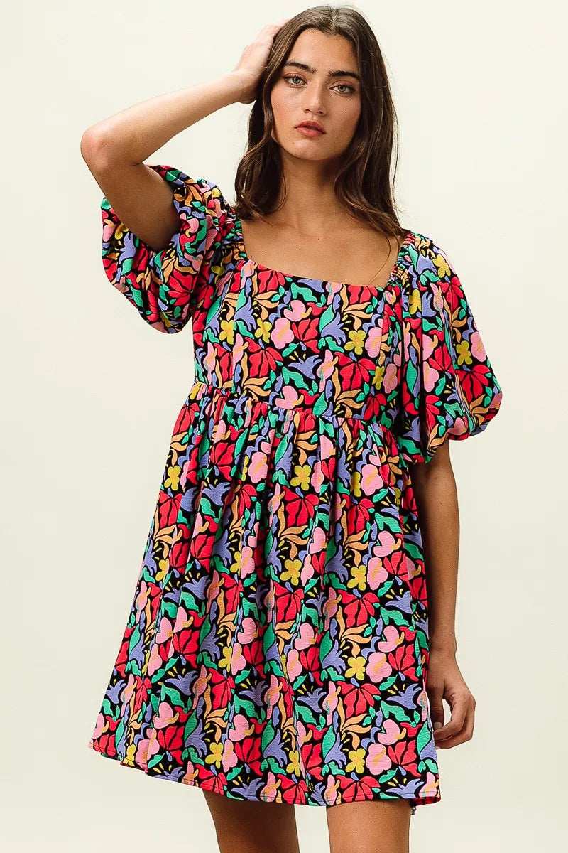 BiBi Floral Print Puff Square Neck Dress - Trendsi - Flyclothing LLC