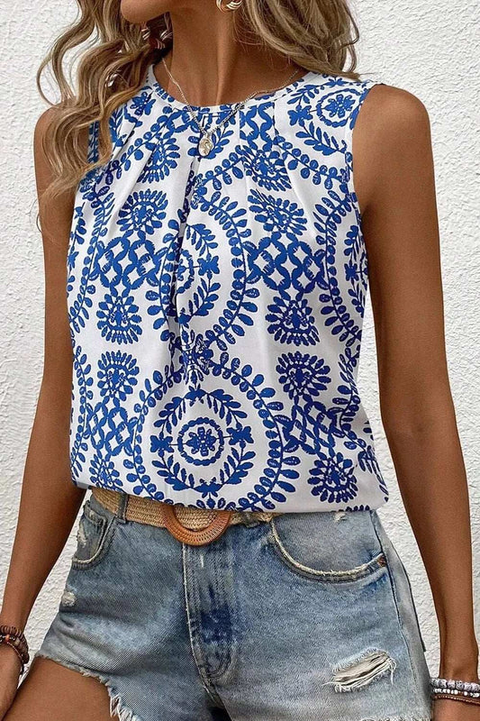 Printed Crew Neck Sleeveless Top - Trendsi - Flyclothing LLC