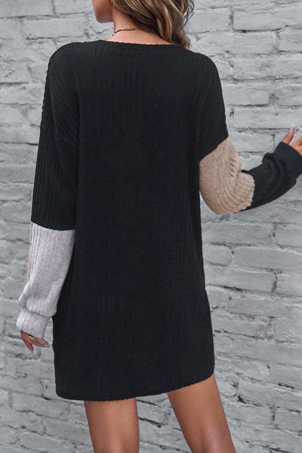 Color Block Drop Shoulder Long Sleeve Mini Dress - Trendsi - Flyclothing LLC