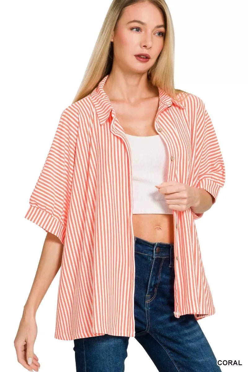 Zenana Oversized Stripe Button Down Shirt - Trendsi - Flyclothing LLC