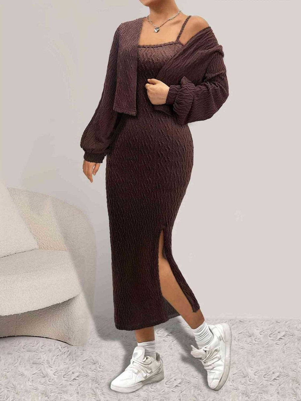 Open Front Long Sleeve Cardigan and Side Slit Cami Dress Set - Trendsi - Flyclothing LLC