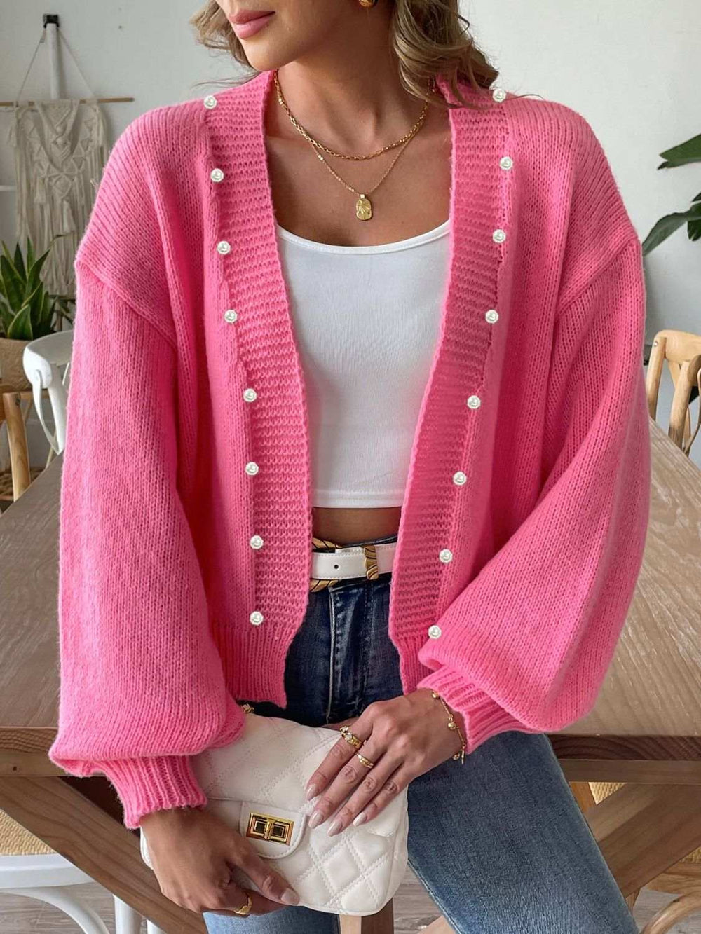 Pearl Open Front Long Sleeve Cardigan - Trendsi - Flyclothing LLC