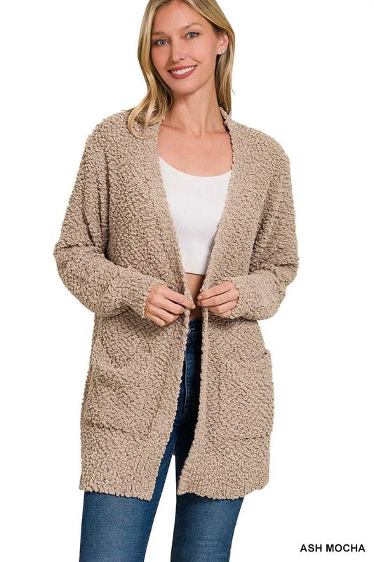Zenana Long Sleeve Popcorn Sweater Cardigan with Pockets - Trendsi - Flyclothing LLC