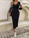 Devine Tied V-Neck Long Sleeve Sweater Dress - Trendsi - Flyclothing LLC