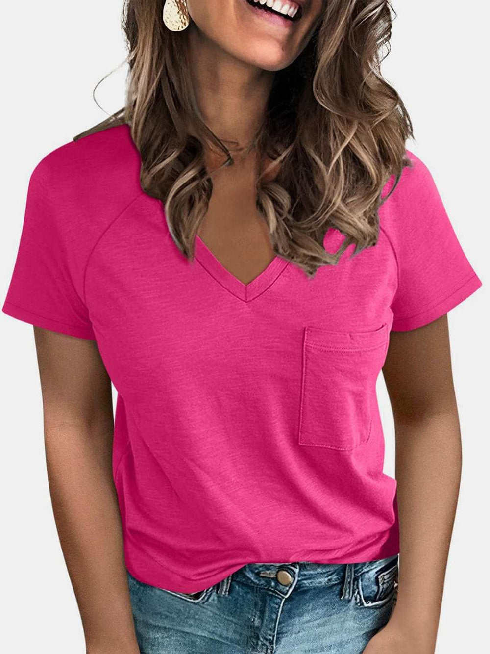 Pocketed V-Neck Short Sleeve T-Shirt - Trendsi - Flyclothing LLC