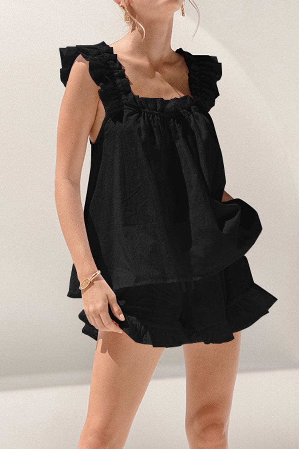 Ruffled Square Neck Top and Shorts Set - Trendsi - Flyclothing LLC