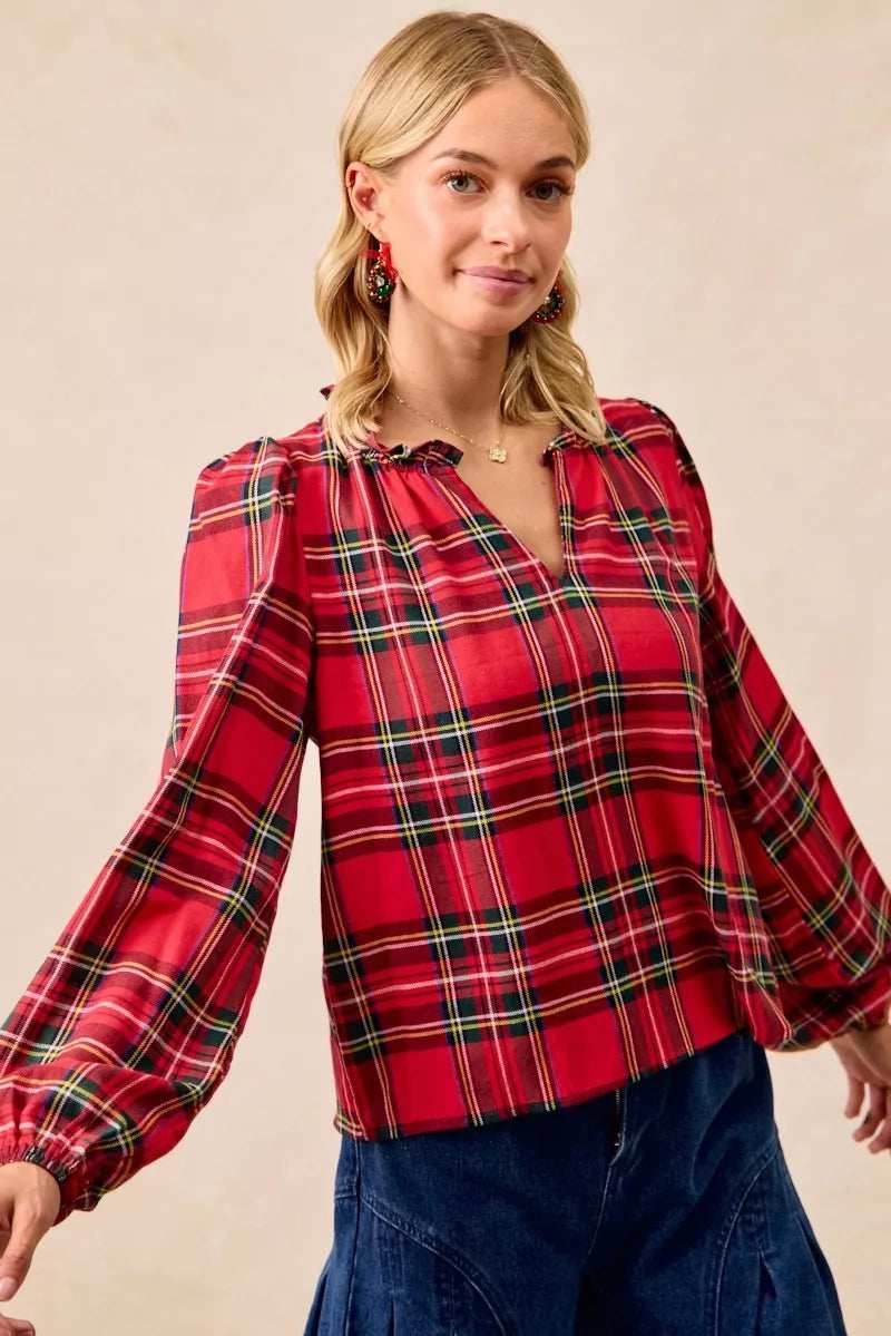 BiBi Christmas Plaid Balloon Sleeves Ruffled V-Neck Top - Trendsi - Flyclothing LLC