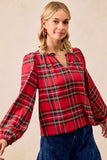 BiBi Christmas Plaid Balloon Sleeves Ruffled V-Neck Top - Trendsi - Flyclothing LLC