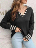 Striped Trim Drop Shoulder Sweater - Trendsi - Flyclothing LLC