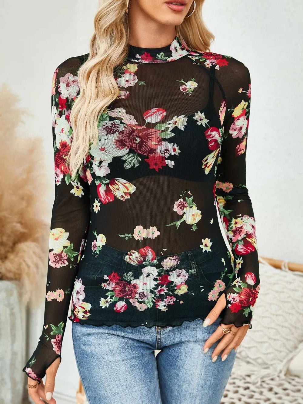 Floral Mock Neck Long Sleeve Top - Trendsi - Flyclothing LLC