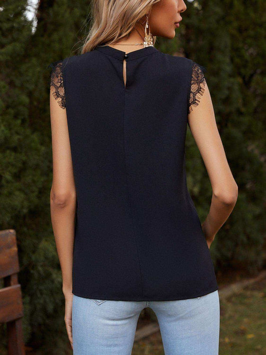 Lace Detail Ruched Round Neck Tank - Trendsi - Flyclothing LLC