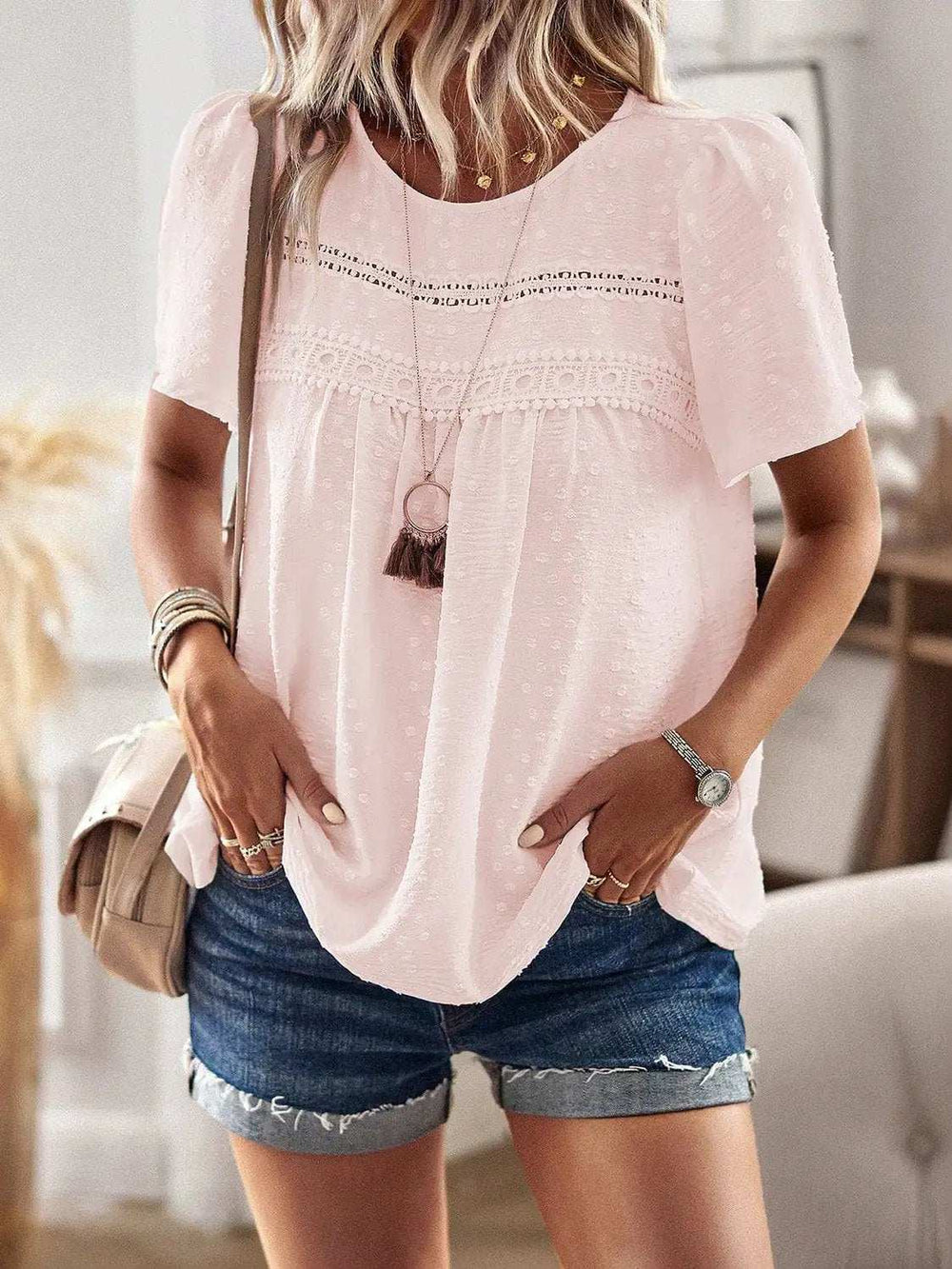 Lace Detail Round Neck Short Sleeve Blouse - Trendsi - Flyclothing LLC
